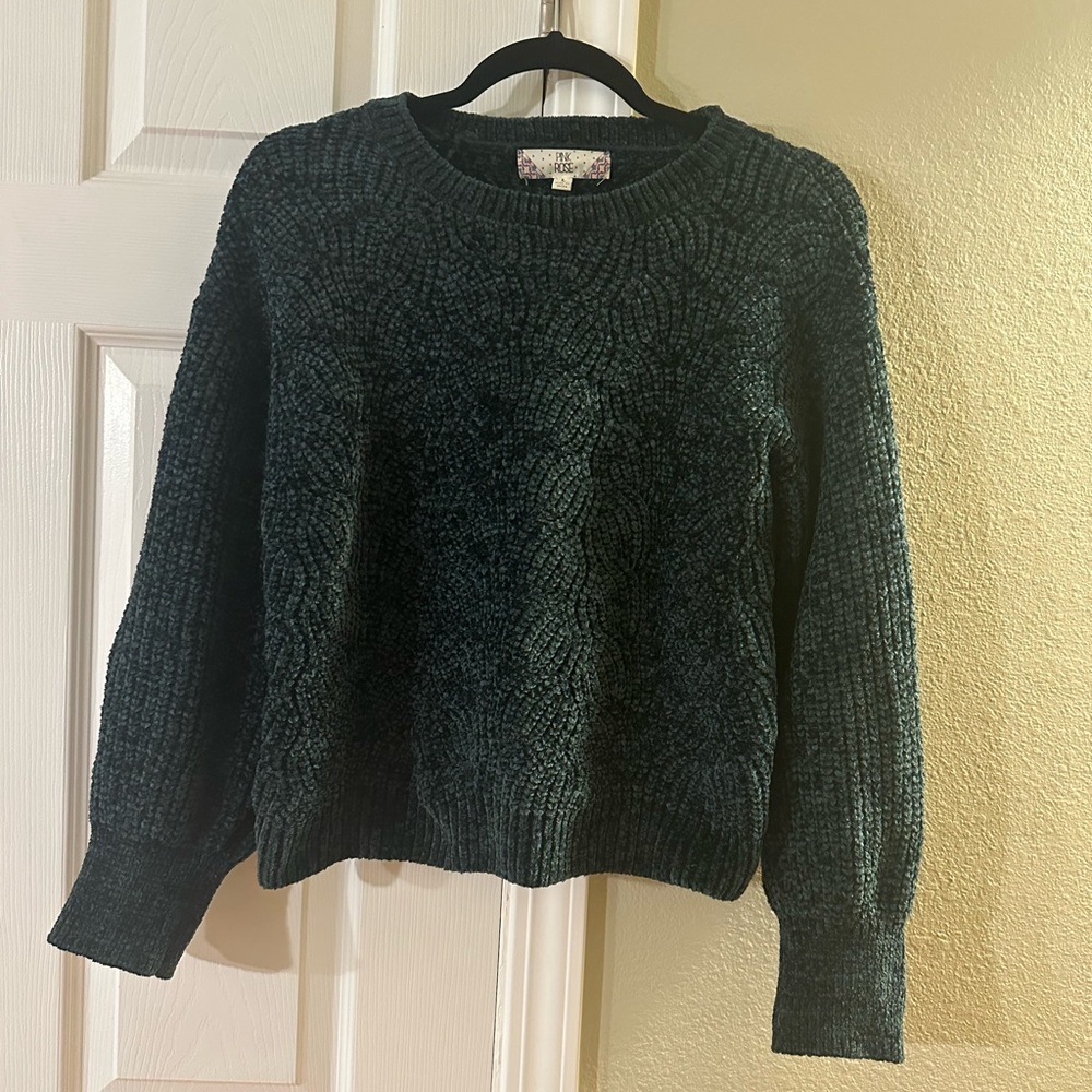 Pink Rose Textured Dark Green Sweater